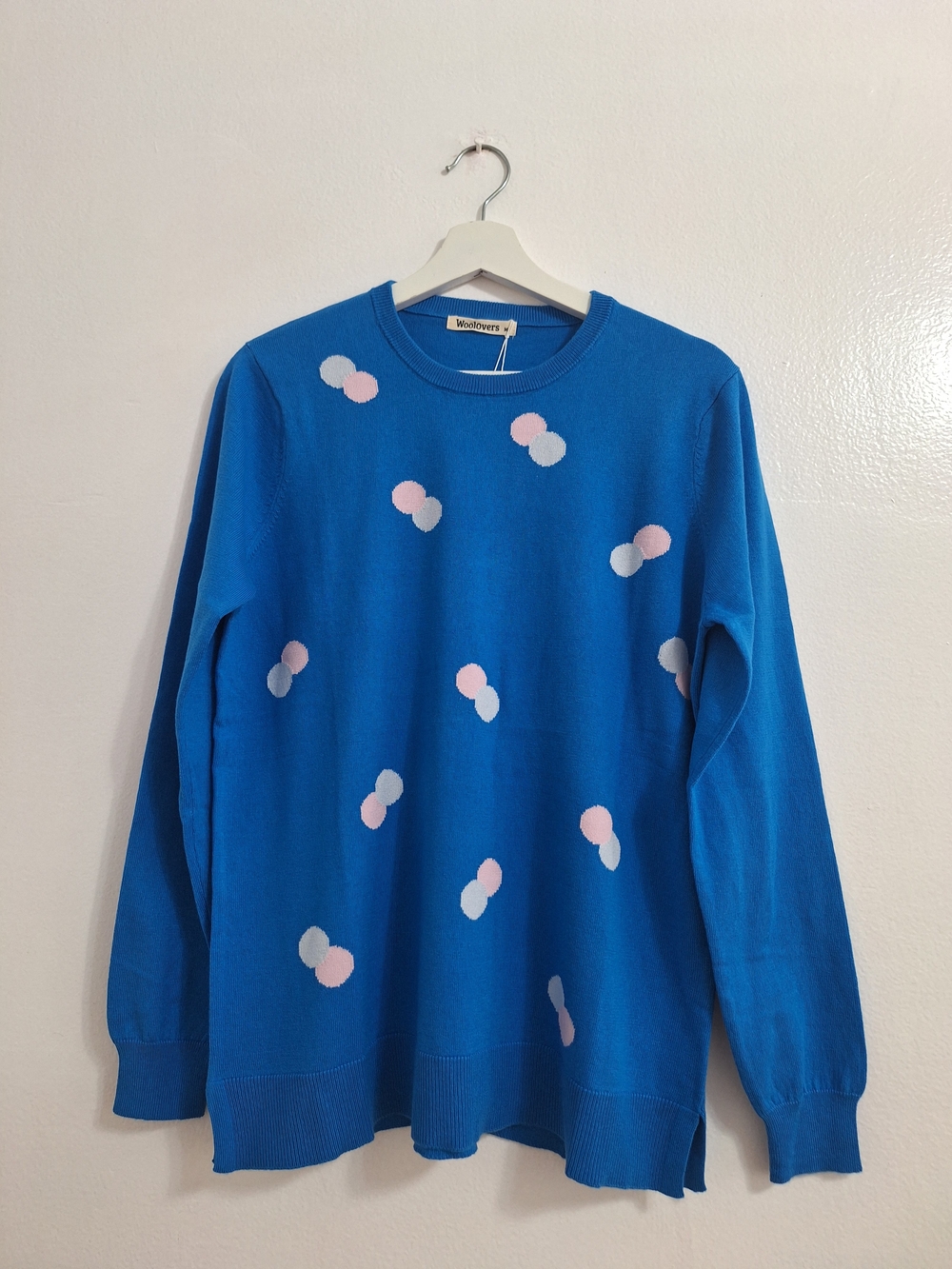 NWT organic Cotton Woolovers Blue Crewneck Sweater with Pink & White Dot Accents